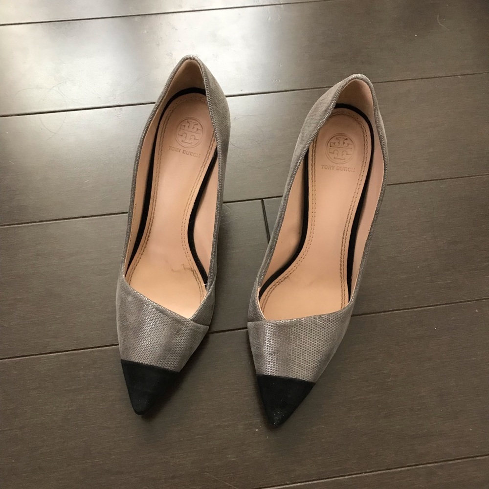 Tory Burch black and silver/gray Shaila heels